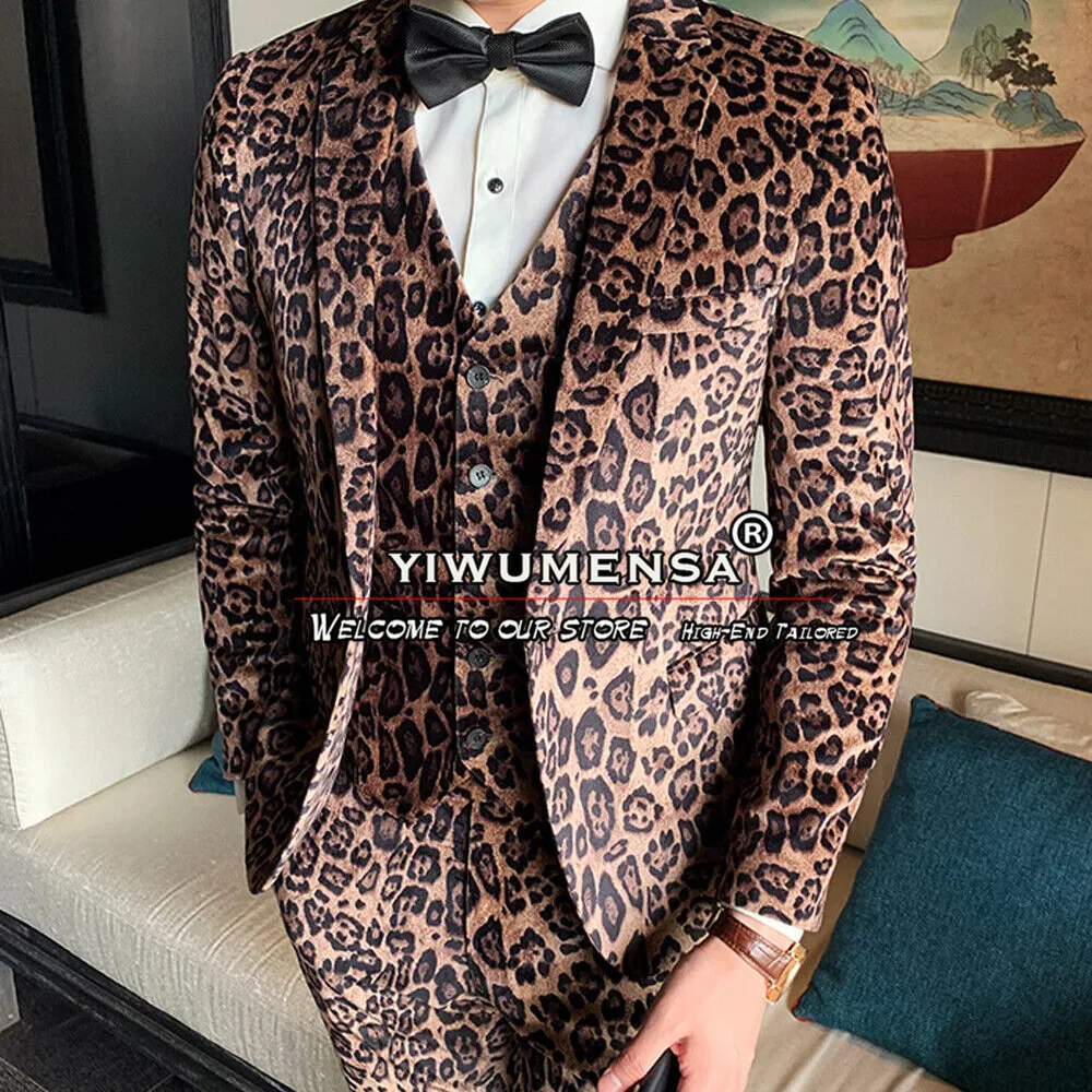 

Mens Leopard Brown Print Suits Business 3 Pieces Blazer Sets Tailoring Slim Fit Groomsman Costume Homme De Luxe Pour Le Mariage