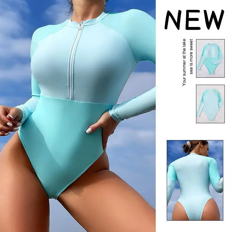

2023 New One Piece Swimsuit For Women Sexy Swim Suit Zipper Long Sleeves Swimwear High Waist Monokini Cut-Out Beach Bathing Suit