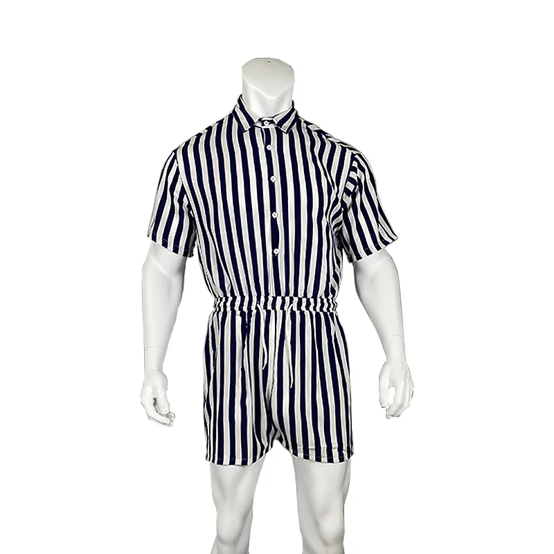 Summer Stripe Jumpsuit Men's Sets Short Sleeved Single Breasted Turndown Collar Lace Up Casual Pants Suit
