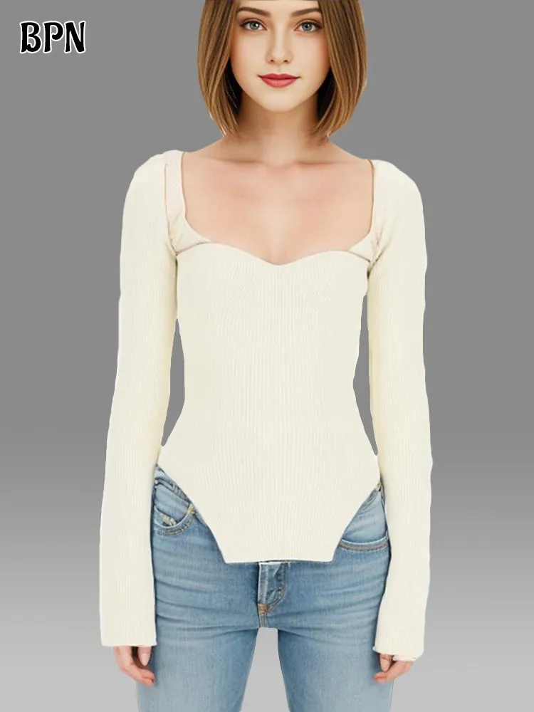 

BPN Temperament Slimming Sweater For Women Square Collar Long Sleeve Minimalist Solid Fashion Sweaters Female Clothing New Style