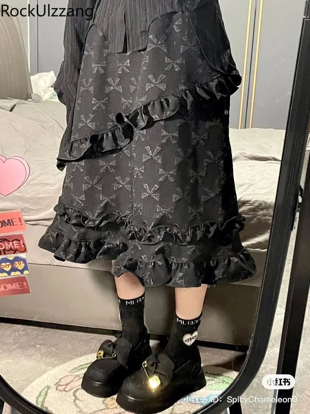 

Embroidery Bow Edible Tree Fungus Cascading Ruffle Black Skirt Elastic Waist Midi Long Skirts cute kawaii lolita goth y2k korean