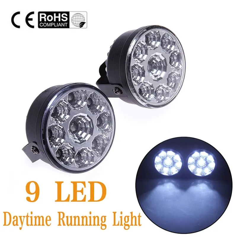 2pcs / lot 9LED DRL Round Car Fog Lamp Driving Daytime Running Lights Head Light White