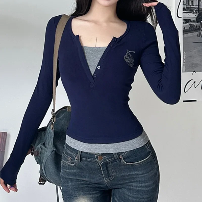 

Long Sleeve T-shirts Women Simple Vintage Slim Patchwork Designed Cropped Office Ladies BF Streetwear All-match Casual Tops Chic