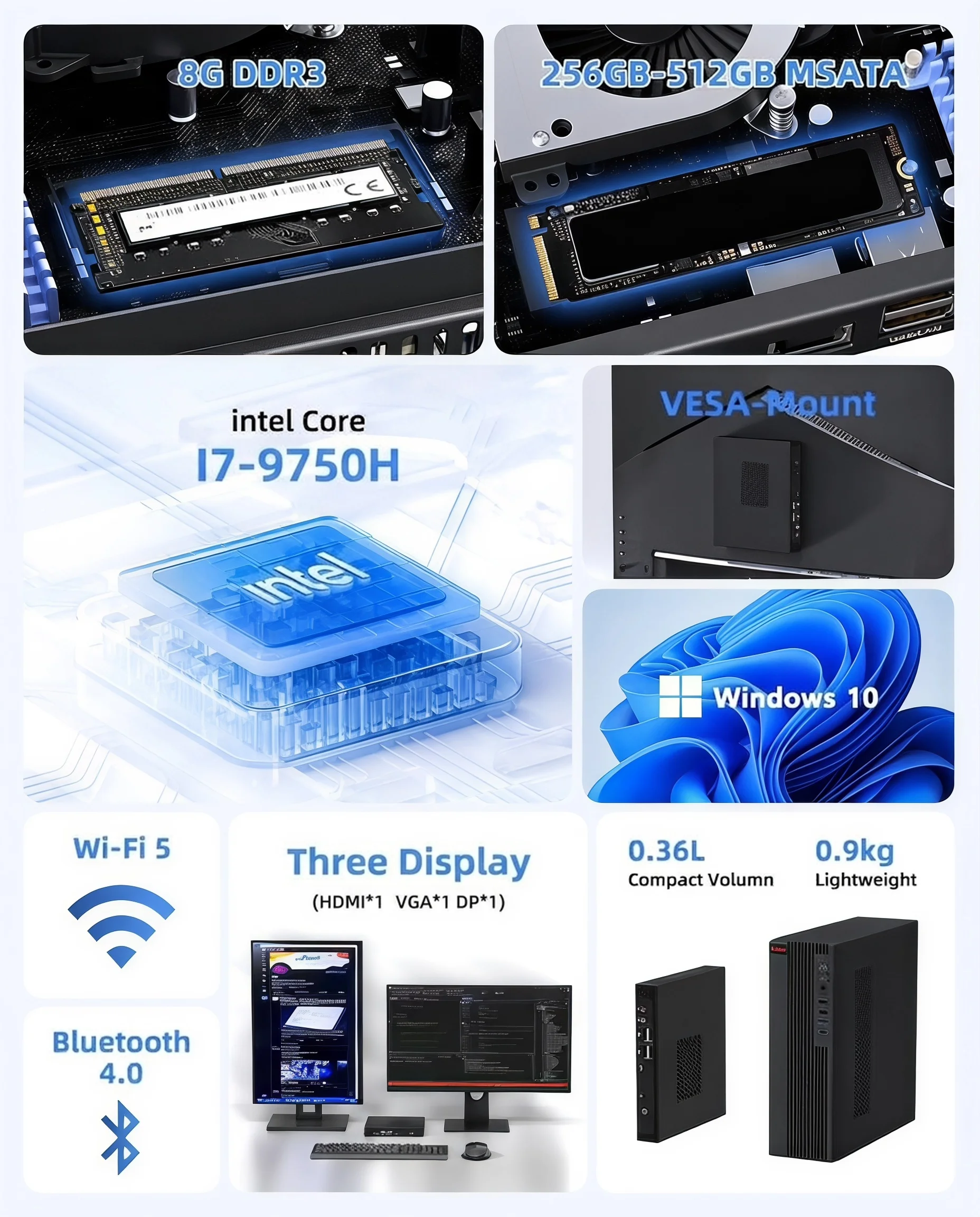 TexHoo Mini PC Intel I5-7300HQ/I7-9750H ITX Portable PC Win 10 Pro 8GB DDR3L 256GB SSD WiFi+BT 4K@60Hz Office Mini Computer