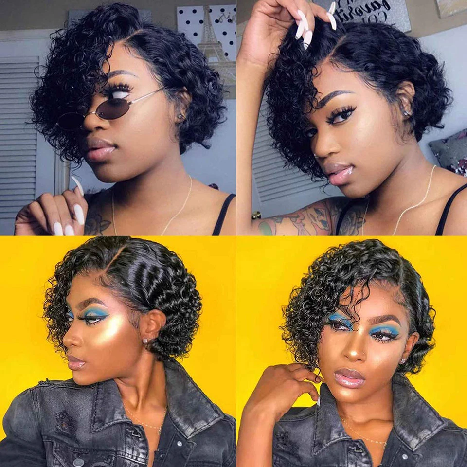 Curly Human Hair Wigs Side Part Wig Short Bob Pixie Cut Wig T Part Brazilian Human Hair Deep Curly 13*1 Lace Front Wigs