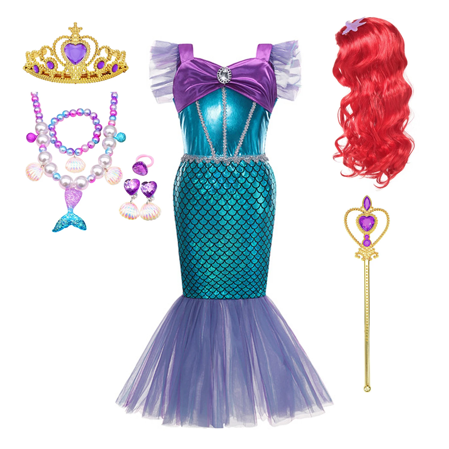 Disney-vestido de princesa Ariel para niñas, disfraz de sirena para carnaval, fiesta de cumpleaños, ropa de Año Nuevo