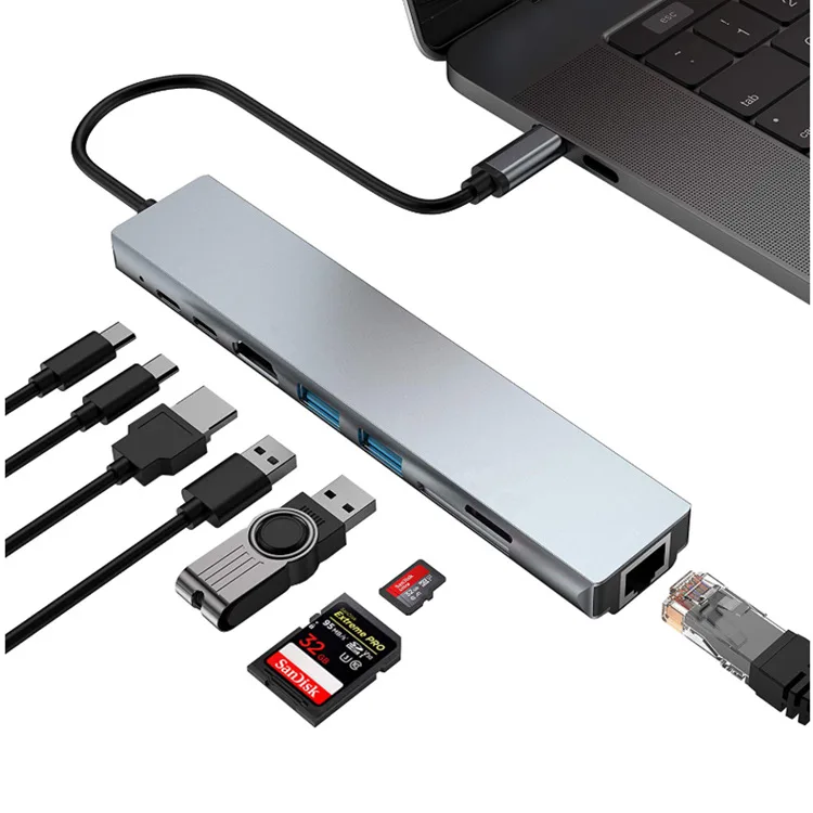 Type C 8 In1 USB C Hub 8in1 Type C 4K Adapter RJ45 Lan Ethernet TF SD Reader USB-C 3.0 TypeC Docking Station Laptop Macbook