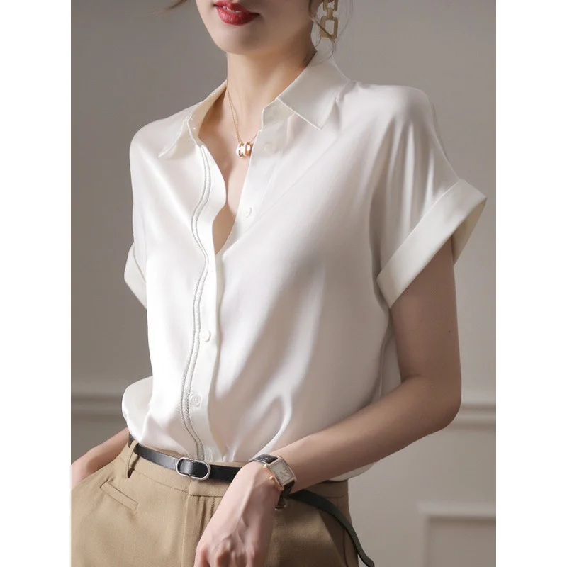 

Solid Loose Satin Shirt Office Lady Tops Casual Short Sleeve Silk White Blouse Fashion Summer Women Clothes Blusas Elegant 22126