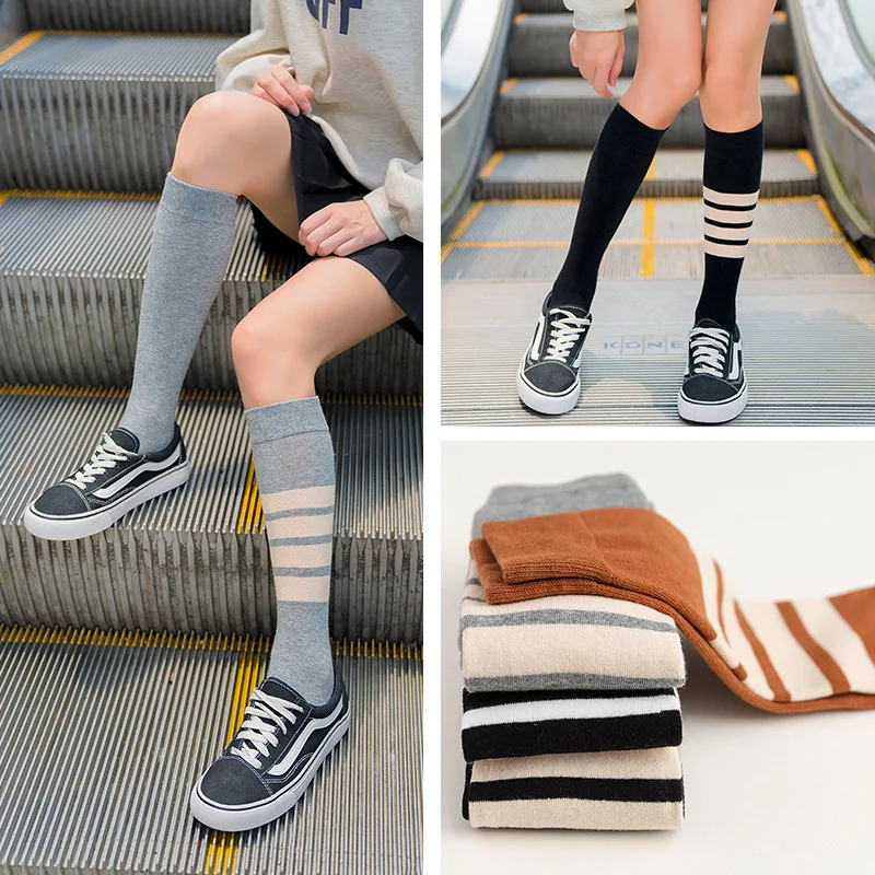 

Calf socks for women spring and fall four bars striped midtube net red slim legs street knee-high stockings