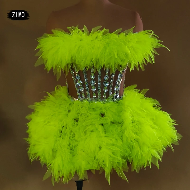 

Sexy Green Ruffled Mini Dress Rhinestones Sequins Party Dress Women Evening Dresses Festival Outfit Drag Queen Costume DJ DS