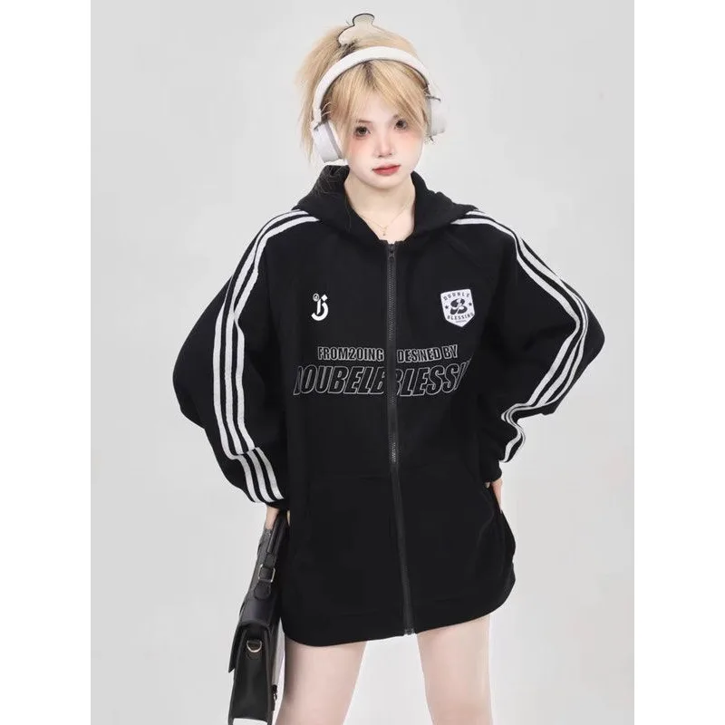2024 New Spring Autumn Hooded Coat Student Women Casual Fashion Striped Comfortable Outwear Retro Oversize Jacket Large Size Top