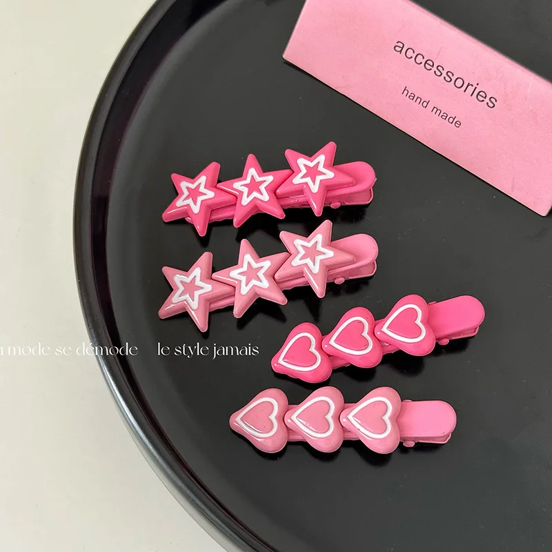 Y2K Hair Clip Cute Sweet Heart Star Girls Pink Color Geometric Barrettes Hairpin Korean Women Accessories Headwear Side Pins