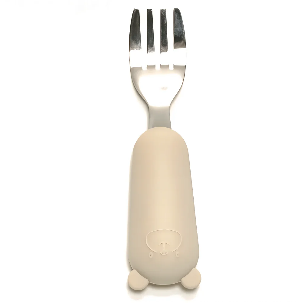 Baby auxiliary training fall silicone stainless steel rice cartoon bear short spoon fork eating utensils set