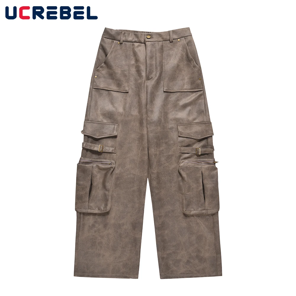 

Streetwear Multi-Pocket Loose Trousers Mens Safari Style Casual Suede Cargo Straight-leg Pants Men