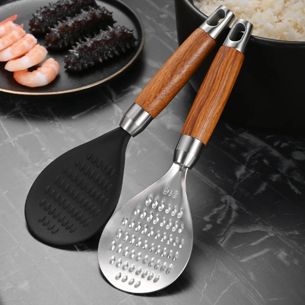 

Non-stick Stainless Steel Rice Spoon Wooden Handle High-temperature-resistant Rice Spatula Standable with Protruding Particles