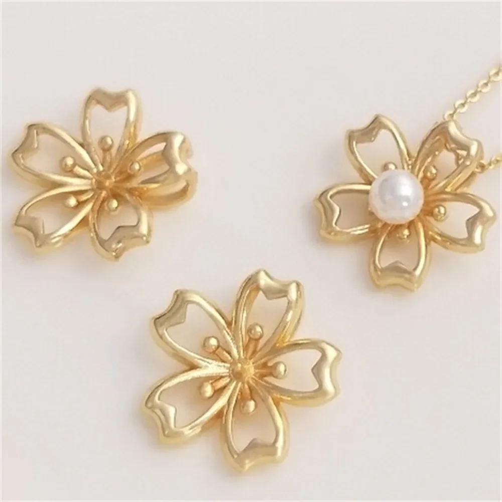 

14K Gold-filled Cherry Blossom Necklace Pendant Half-hole Crystal Pearl Tray Pendant DIY Handmade Charm Accessory Material K184