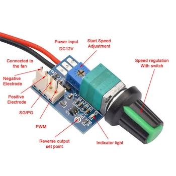 Regolatore di velocità PWM DC 12V per ventola, interruttore di controllo della temperatura a 4 fili per ventola di raffreddamento CPU PC con arresto manuale