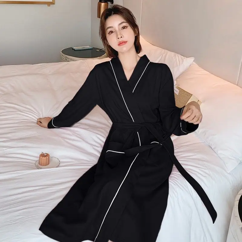 Plus Size Women's Bathrobe Long Sleeve Cotton Sleepwear Couple's Robe Loose Lounge Home Clothes Men Pajama Night Gown M-3XL