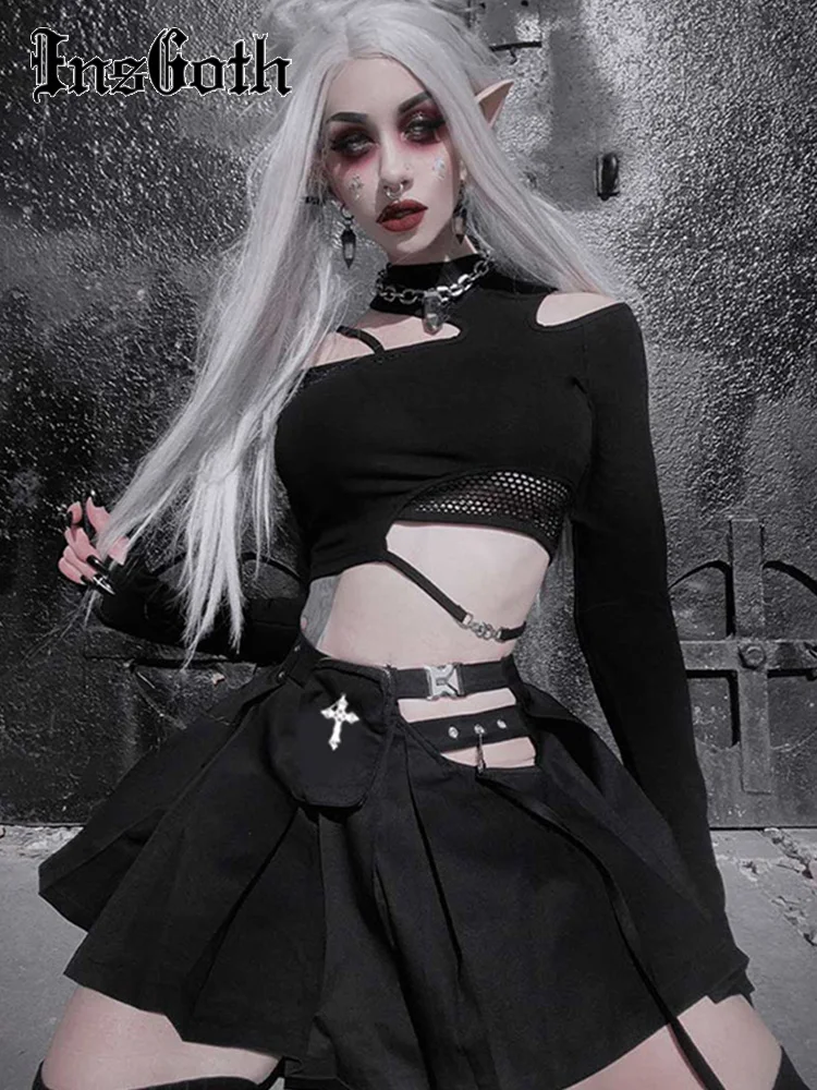 InsGoth Gothic Mini Plaid Skirt with Punk Dunk Women Basic Versatile Stretchy Flared Casual Mini Skater Skirt School Cheerleader