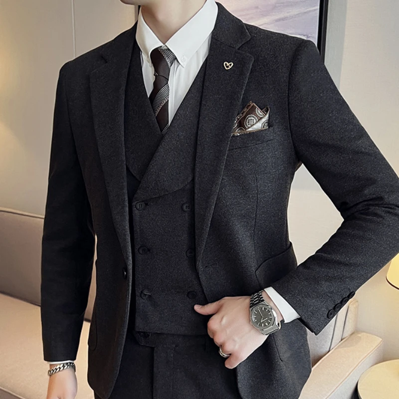 Suit+Vest+Pants) 2022new Men's Tweed Suits British Style Slim Body Solid  Color Three-piece Set Men's Groom's Dress/ Tuxedo - AliExpress