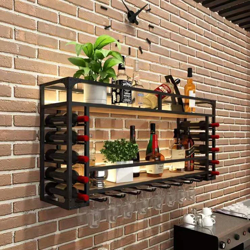 Simple Iron Wine Cabinets Home Wall-mounted Bar Cabinets Rack Creative Restaurant Decoration Wine Glass with Light Bar Furniture