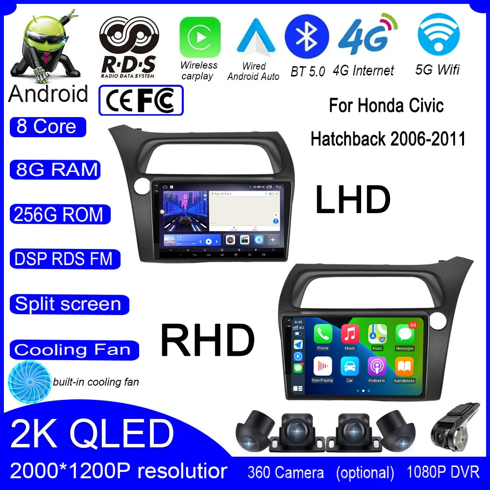 

9" Android 14 Car Radio Android 14 For Honda Civic Hatchback 2006-2011 Multimedia Player GPS Navigaion DSP