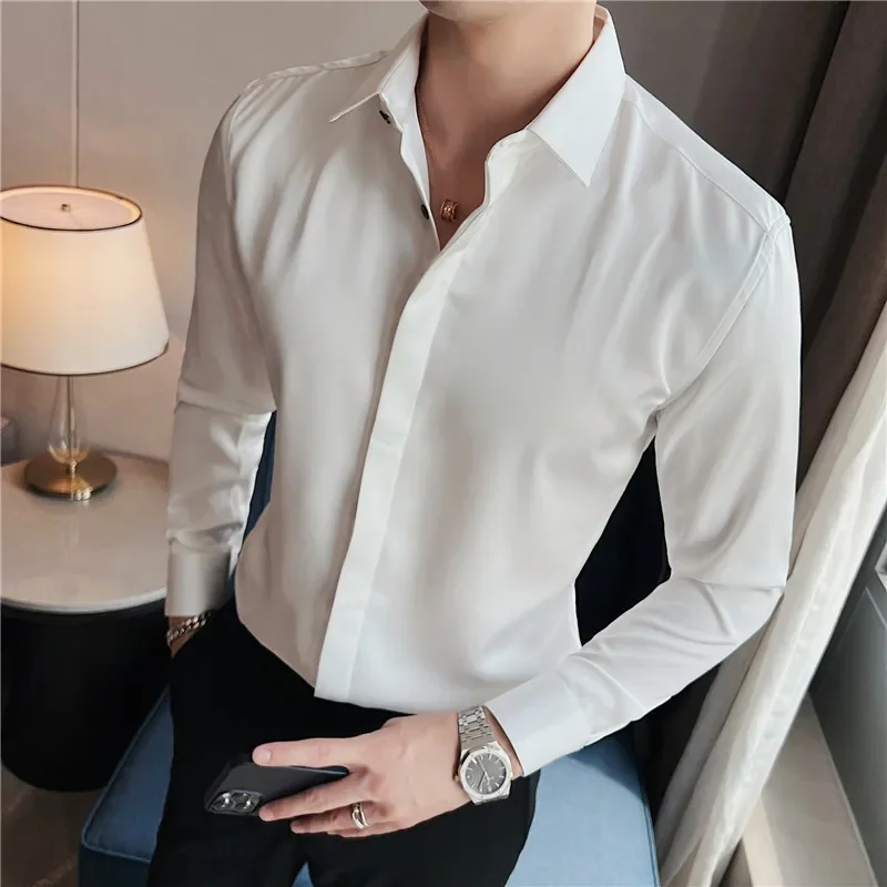 

Luxury Highend Silk Shirt Fashion Men Long Sleeve Slim Fit Casual Business Dress Shirts Streetwear Formal Social Party Clothing