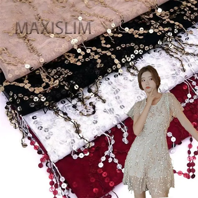 Shiny 7MM Tassel Mesh Embroidery Sequin Fabrics For Dress Latin Dance Costume DIY Fashion Design Sewing Fabric Wide：125CM