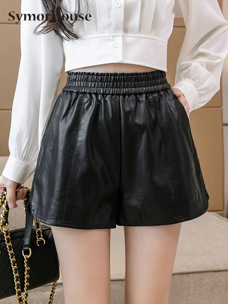

Autumn Winter Black PU Leather Shorts Women Elastic High Waist Fashion Korean Vintage Streetwear Wide Leg Pants Shorts Female