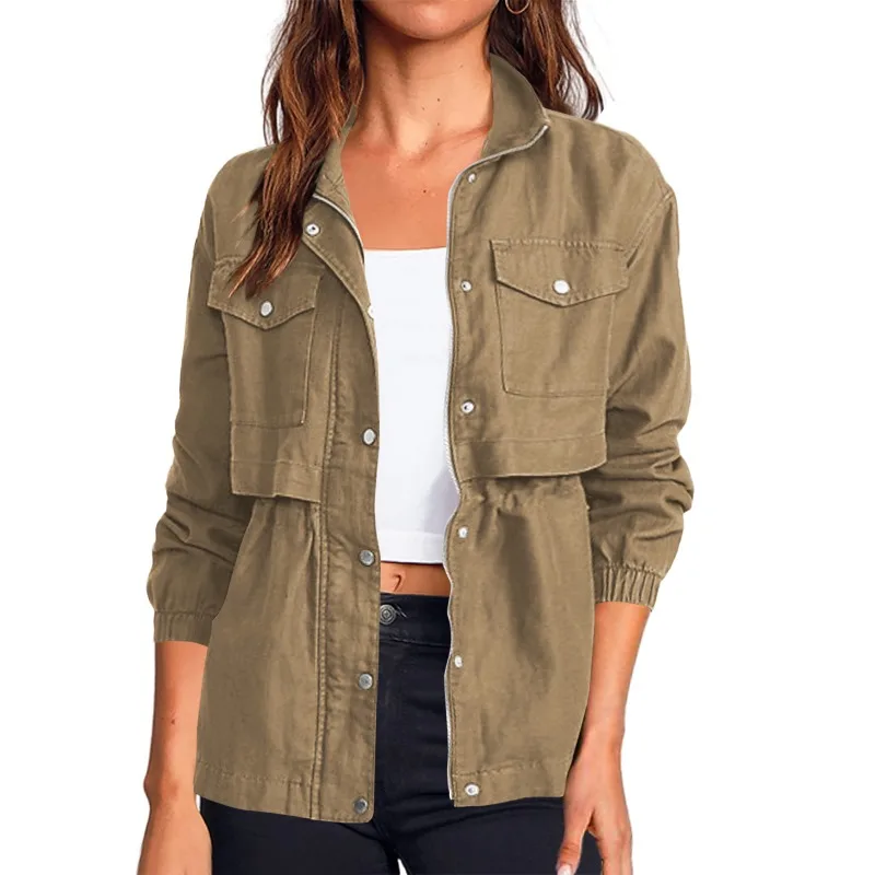 

2023 Spring Autumn Coat and Trench Coat Women Solid Color Zipper Cardigan Coat Women Long Sleeve Loose Turn-down Collar Coat Top