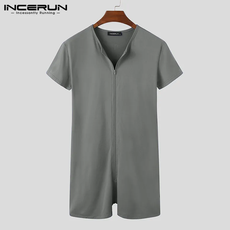 Men Bodysuits INCERUN Men Pajamas Rompers Solid Short Sleeve V Neck Zipper Cozy Sleepwear Playsuits Fitness Leisure Men Jumpsuit Homewear