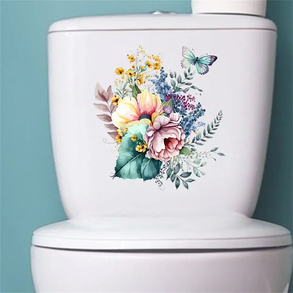 Flower Butterfly Toilet Stickers Toilet Lid WC Vinyl Decals Refrigerator Door Plant Stickers Bathroom Home Decoration