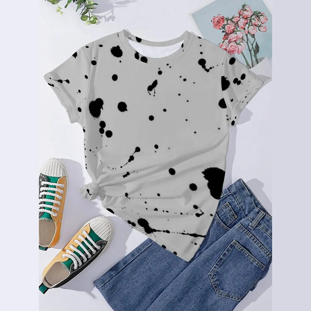 

Seeyoushy Ink Dot Print 3D Printed Top Summer Trend Fashion Women's Short Sleeve Crewneck T-shirt 90s Retro Casual Wear Acotar