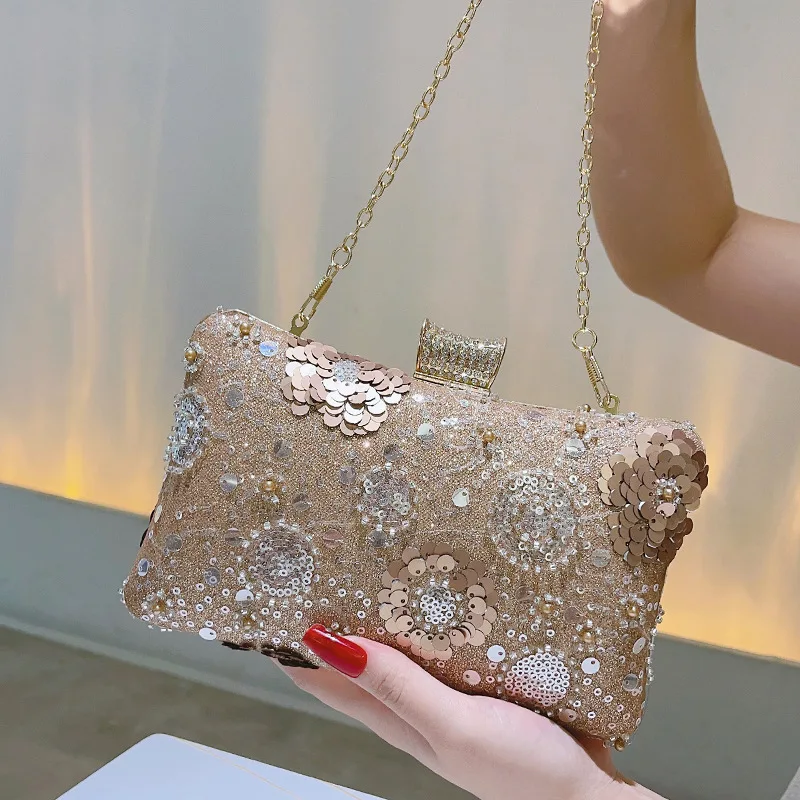 Embroidered Sequins Beads Evening Handbags for Women Crystal Diamond Wedding Bridal Clutches Purse Shoulder Chain Messenger Bag