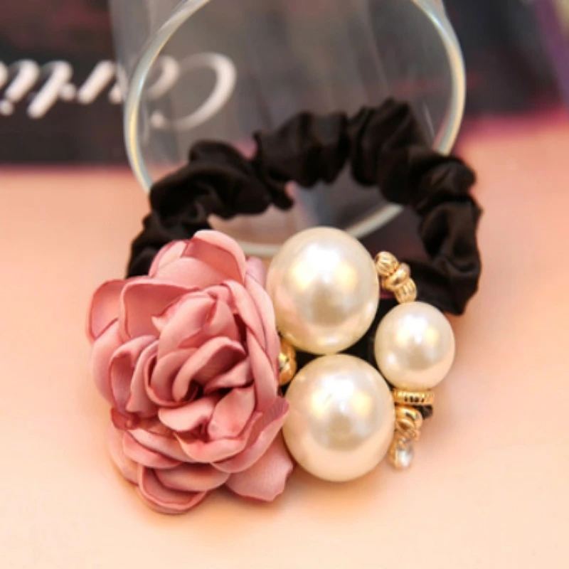 Elegant Pearl Rose Flower Camellia Hair Scrunchie Accessory