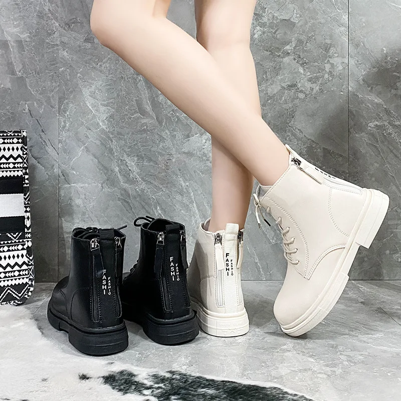 2022 Motorcycle Women's Boots Winter Soft Leather Shoes Black Botas Wedges Female Lace Up Platforms Women White Botas Mujer