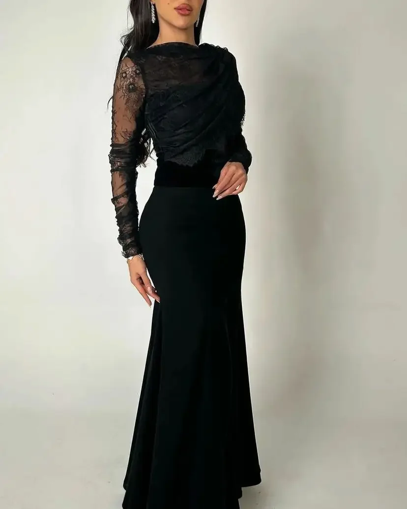 

Saudi Arabic Prom Dresses Mermaid Evening Dresses Long Sleeves O-Neck Lace Floor Length Back Zipper Formal Party Dresses