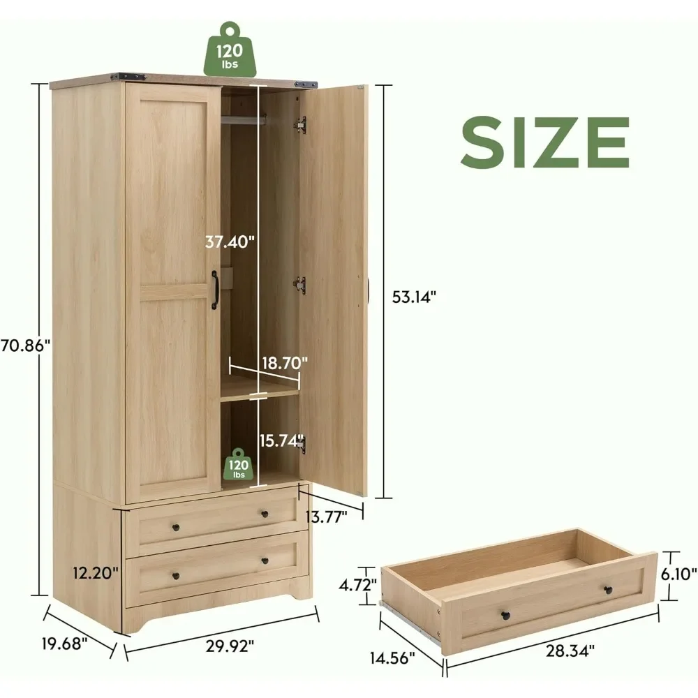 71" Wooden Armoire Wardrobe Closet with Adjustable Shelf and Hanging Rail, Freestanding Closet Wardrobe with 2 Wide Drawers 2