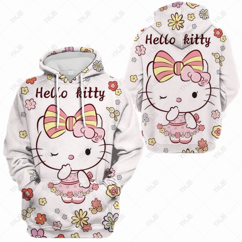 

Hello Kitty Kawaii Cartoon Print Sweatshirt Women Full Soft Hoodies for Girl Streetwear Autumn pocket Pullovers Loose Clothes