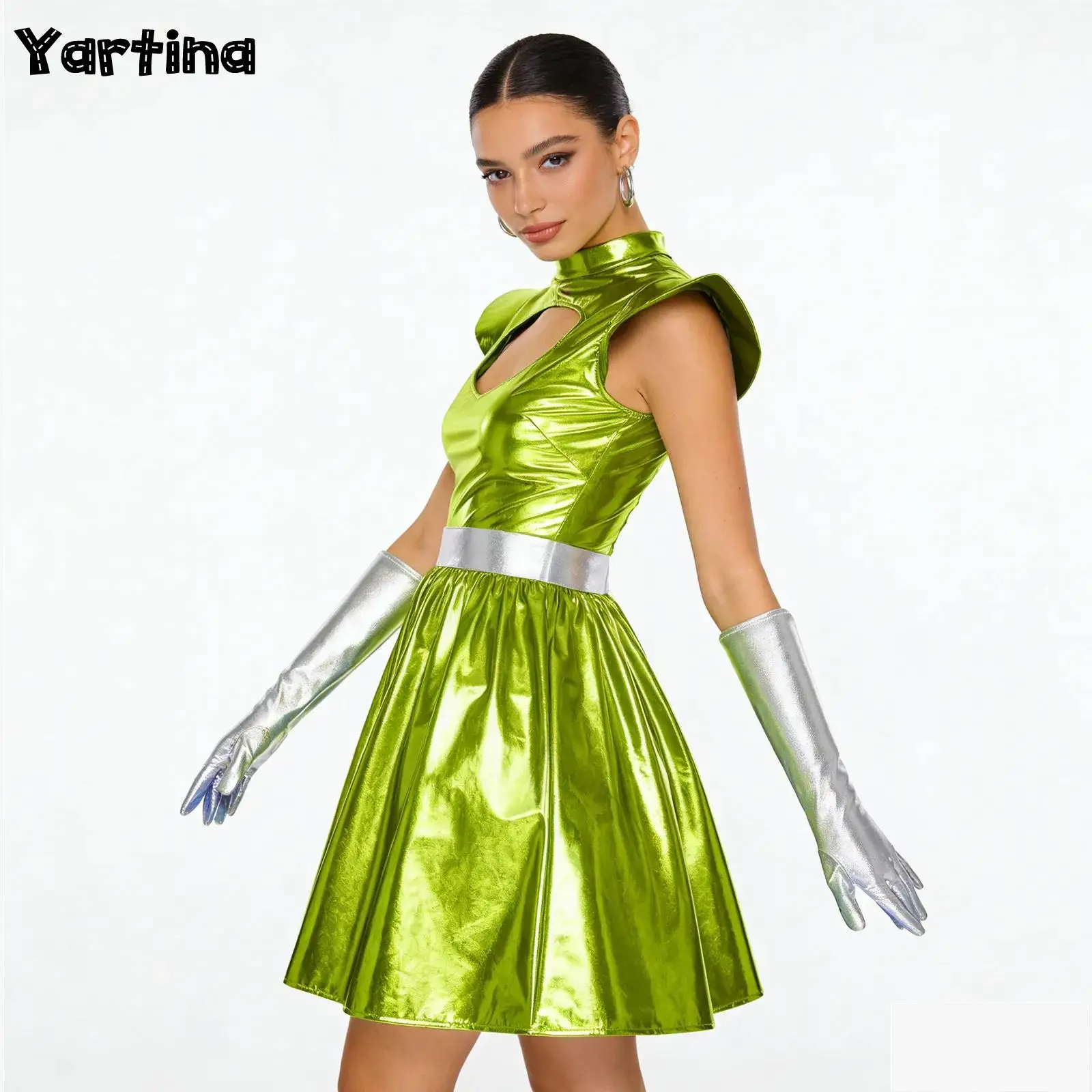 Women's Metallic Astronaut Cosplay Dress with Gloves and Structured Shoulders