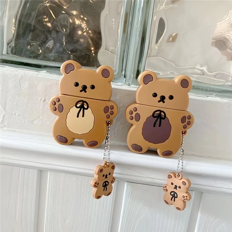 Cute 3D Cartoon Brown Bear Silicone Wireless Earphone Case with Keychain - Perfect for Airpods 1/2/3/Pro!