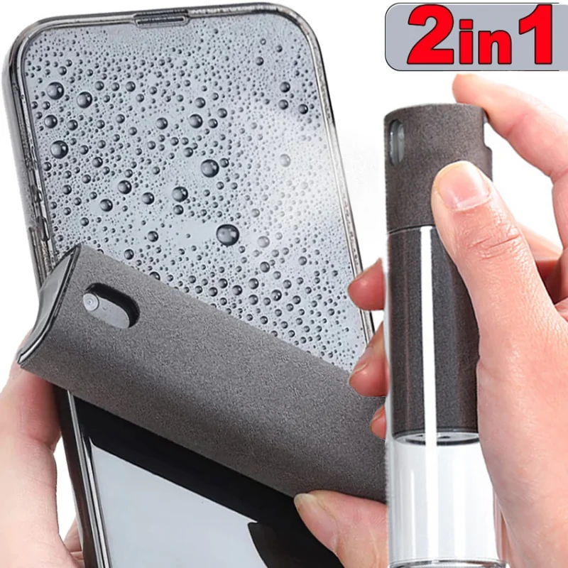 2 In 1 Phone Screen Cleaner Spray Computer Screen Dust Removal Microfiber  Cloth Set Cleaning Artifact Without Cleaning Liquid