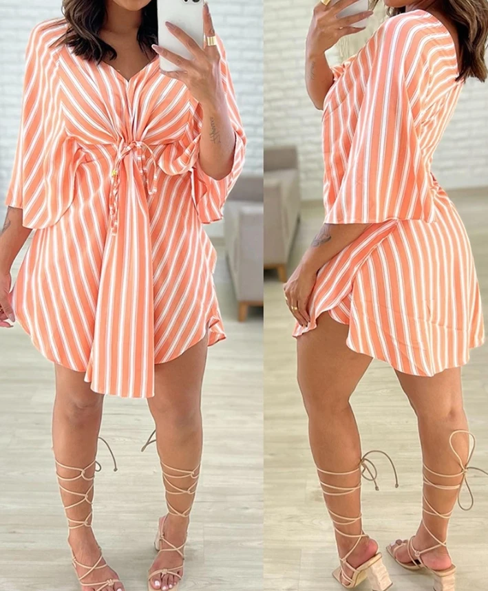 

Casual Striped Print Dresses for Women Tied Detail A Line Daily V-Neck Three Quarters Sleeve New Fashion Scallop Hem Mini Dress