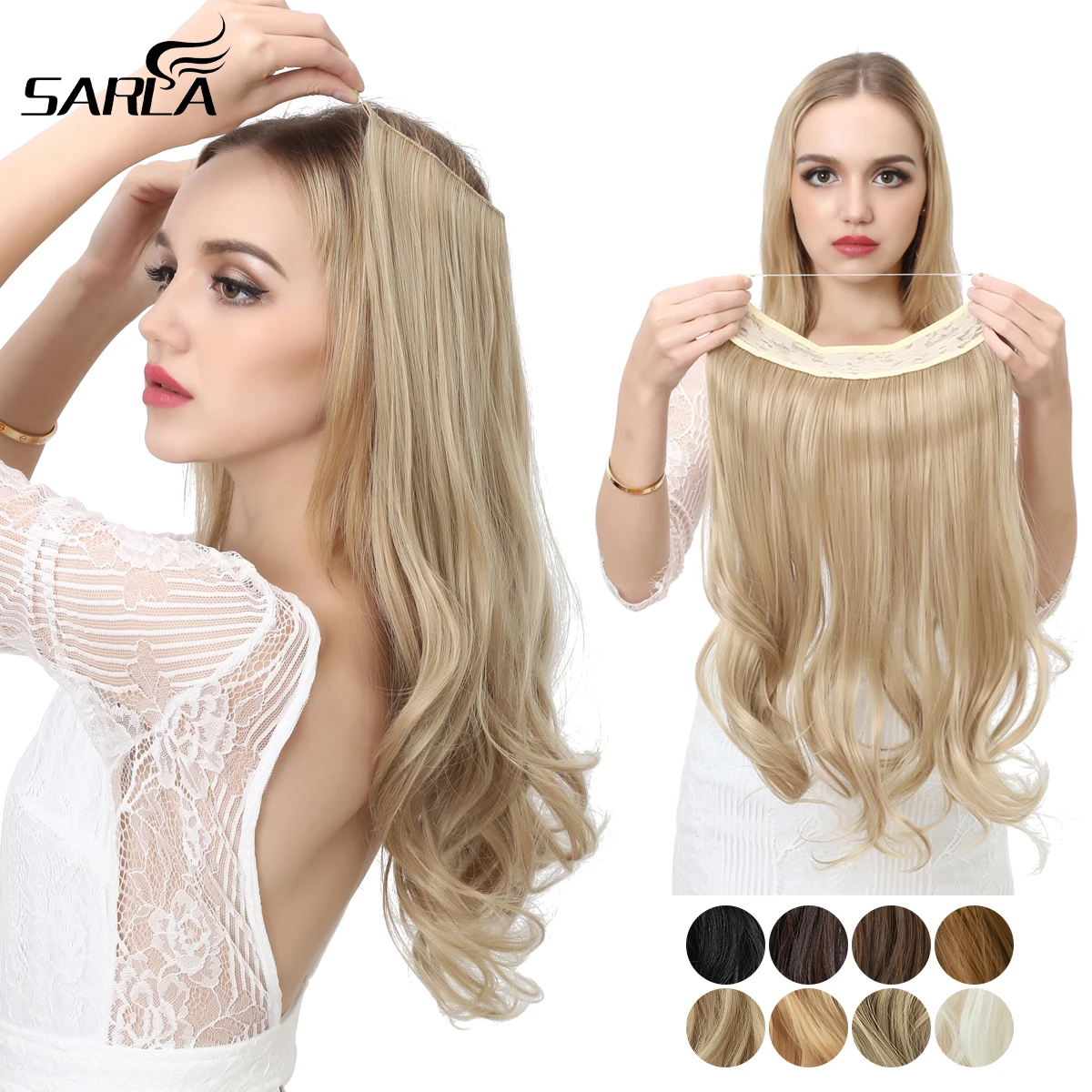 Synthetic No Clip Wave Hair Extensions Ombre Natural Black Blonde Pink One Piece False Hairpiece Fish Line Fake Hair Piece - Synthetic Clip-in One Piece(for White)