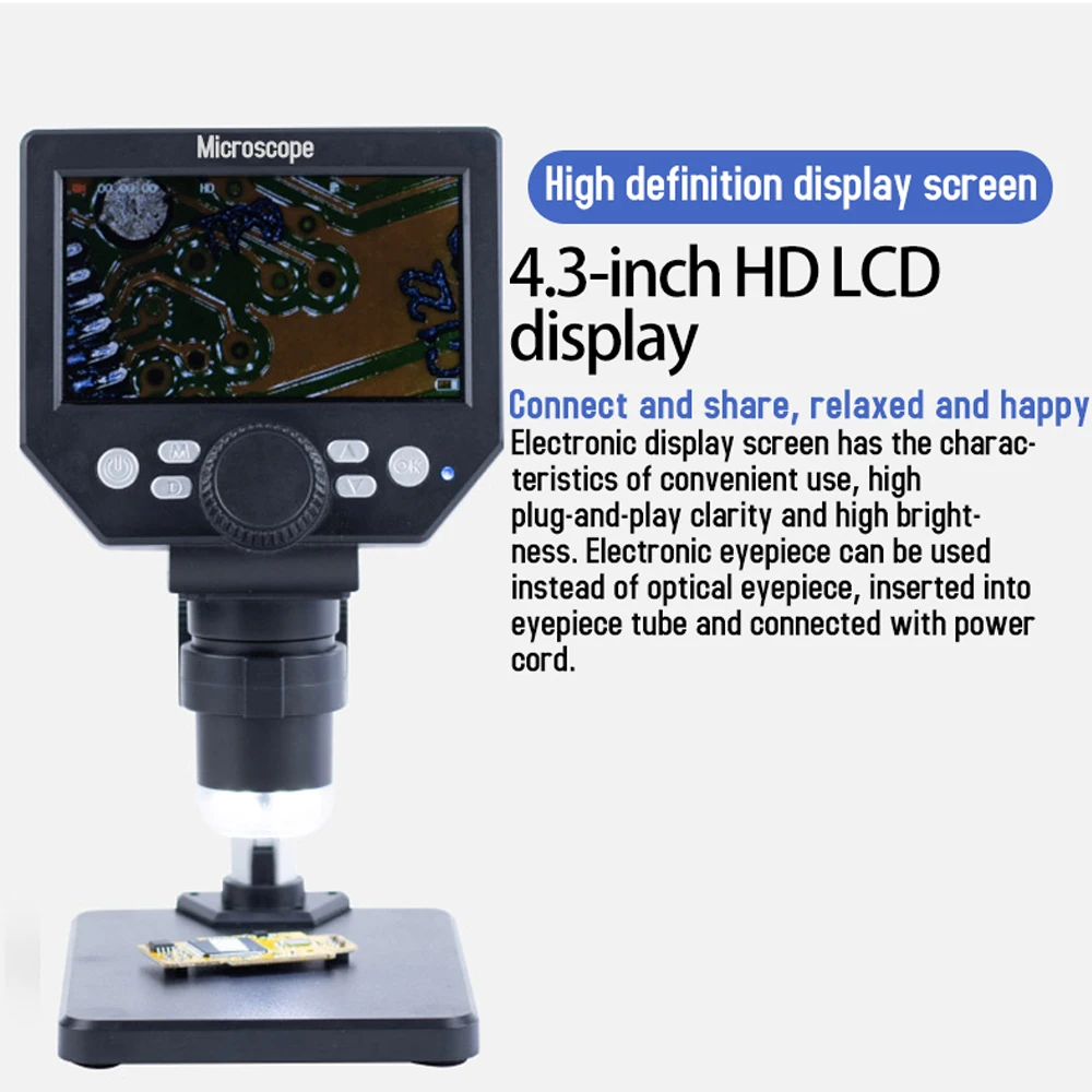 디지털 현미경 4.3인치 LCD 1000배율 1080P 카메라, 조절 가능한 스탠드 및 LED 조명 포함, PCB 수리 및 전자제품용