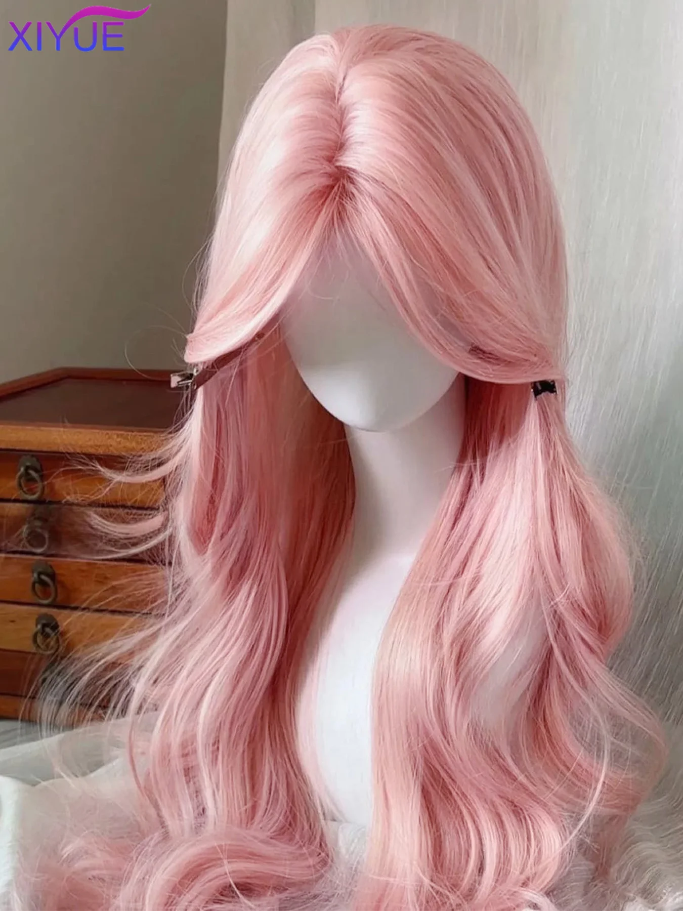 XIYUE Light Pink Synthetic Hair Wigs Long Wavy Natural Hair Wigs with Bangs for Women Cosplay Lolita Wig Heat Resistant