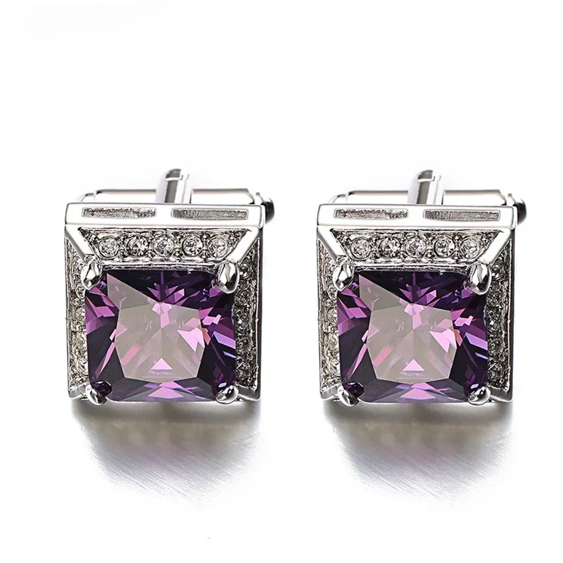 

Hot Sales Purple Zircon Cufflinks Luxury Brand High Quality Crystal Groom wedding cuff links for mens With Gift Box gemelos