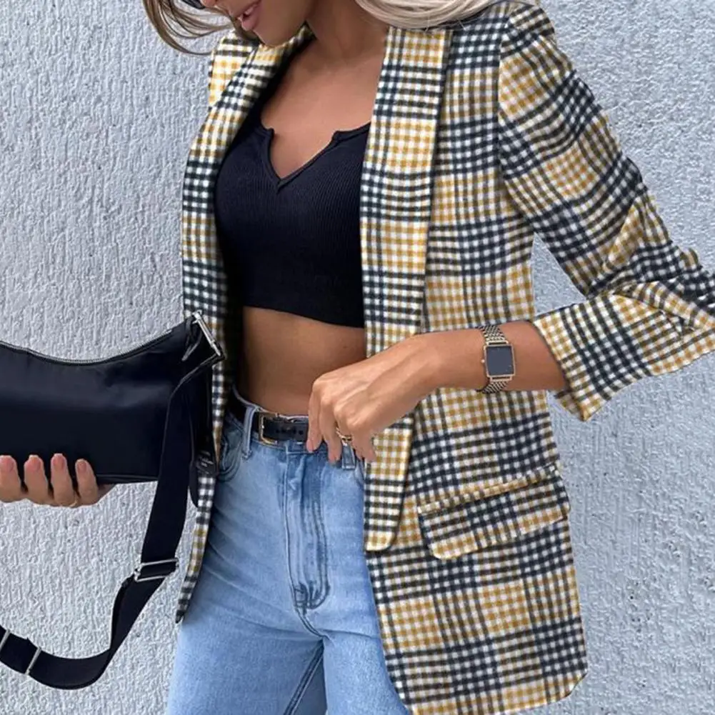 Women Suit Jacket Long Sleeve Flap Pockets Solid Color Plaid Print Elegant Office Work Lapel Open Front Cardigan Blazer_voghion.com