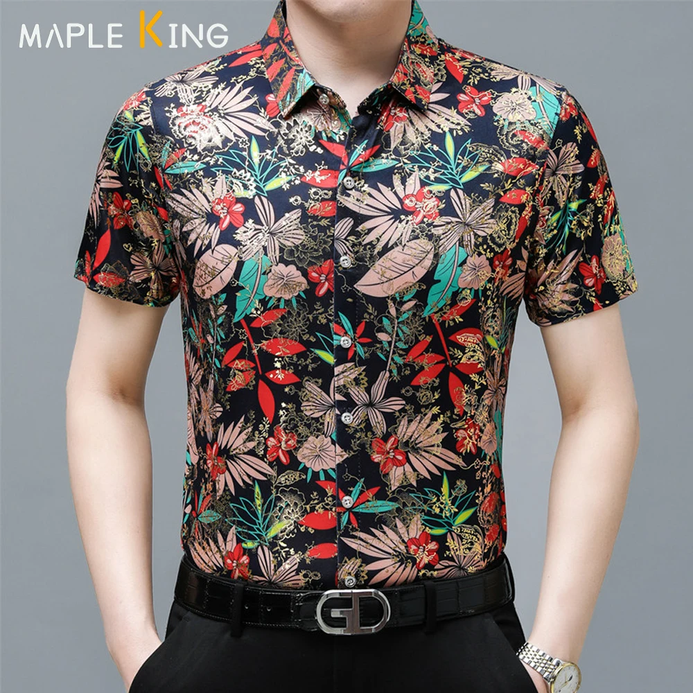 

Men Clothing Chemise Homme De Luxe Bronzing Print Floral Shirts Summer Sale mens Casual Business Camisas Social Dress Shirt 4XL