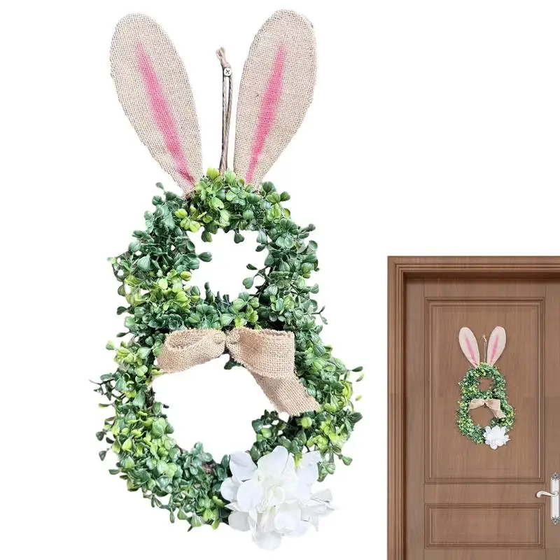 

Easter Bunny Spring Wreath Rabbit Garland For Front Door Simulated Green Plants Branch Wreath With Bow Knot And White Flower